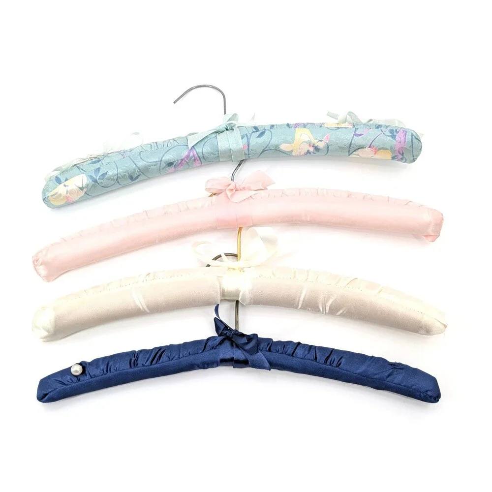 Vintage Satin Padded Hangers Lingerie Victorian Set of 4 Multicolor Floral